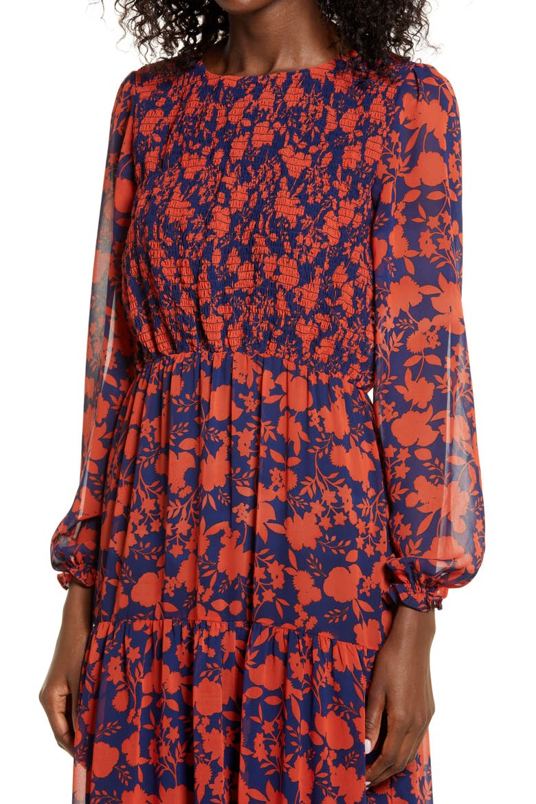 Floral Long Sleeve Chiffon Midi Dress, Alternate, color, NAVY/ ORANGE