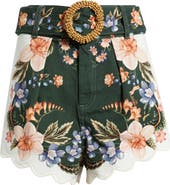 FARM Rio Berry Garden High Rise Belted Cotton Twill Shorts