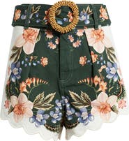 FARM Rio Berry Garden High Rise Belted Cotton Twill Shorts