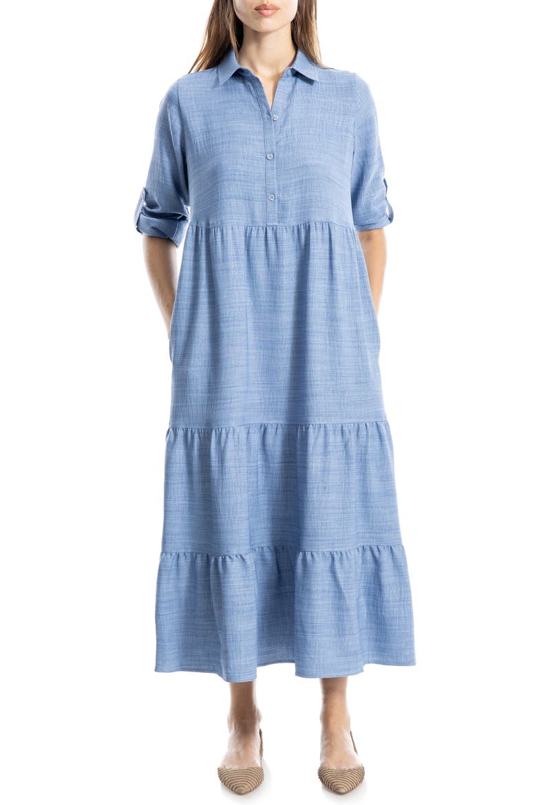 Tiered Long Sleeve Gauze Shirtdress, Main, color, HEATHER CHAMBRAY