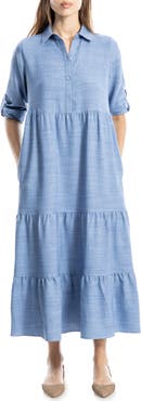 MAX STUDIO LONDON Tiered Long Sleeve Gauze Shirtdress