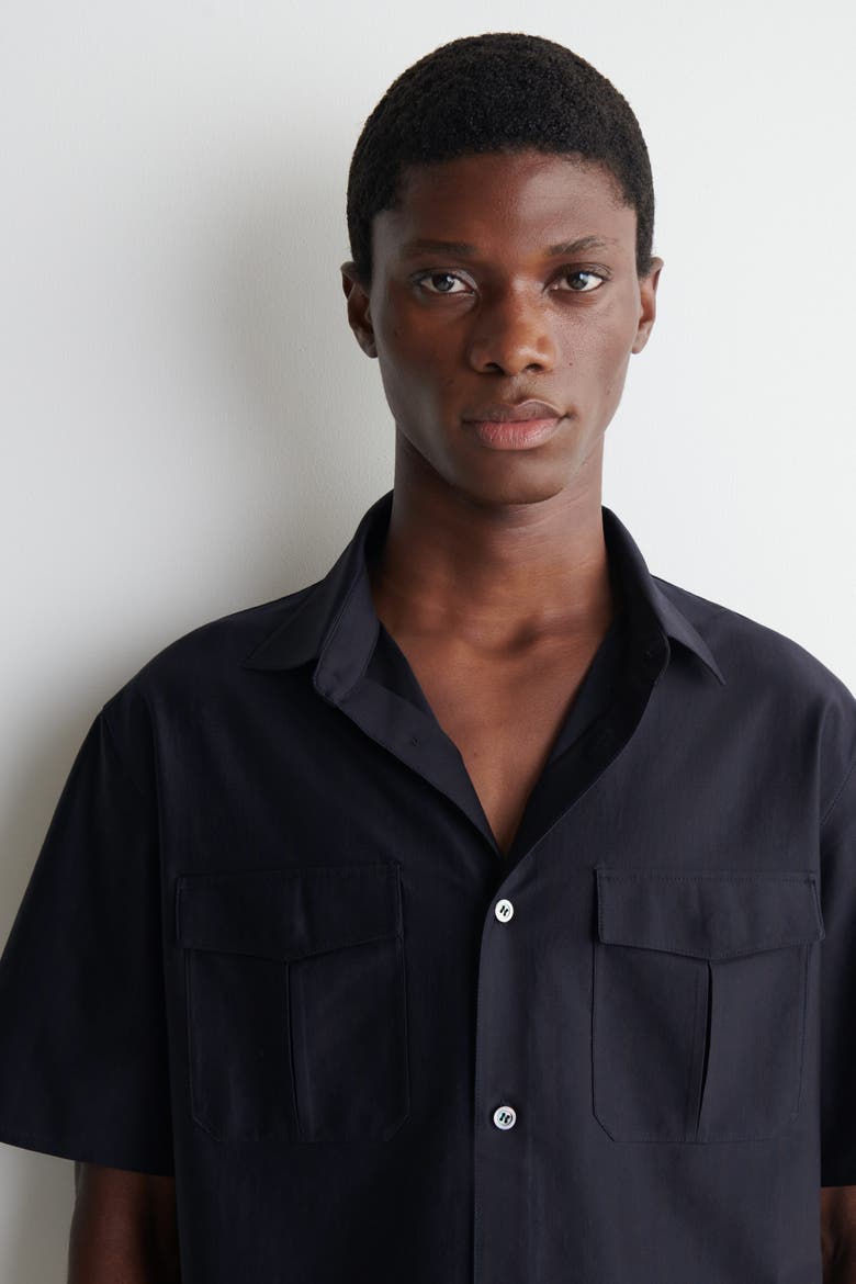 Striped Cotton-jacquard Shirt, Alternate, color, NAVY / BROWN / STRIPED