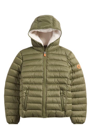 Save The Duck Kids' Finnegan Fleece Lined Hooded Puffer Jacket In Green