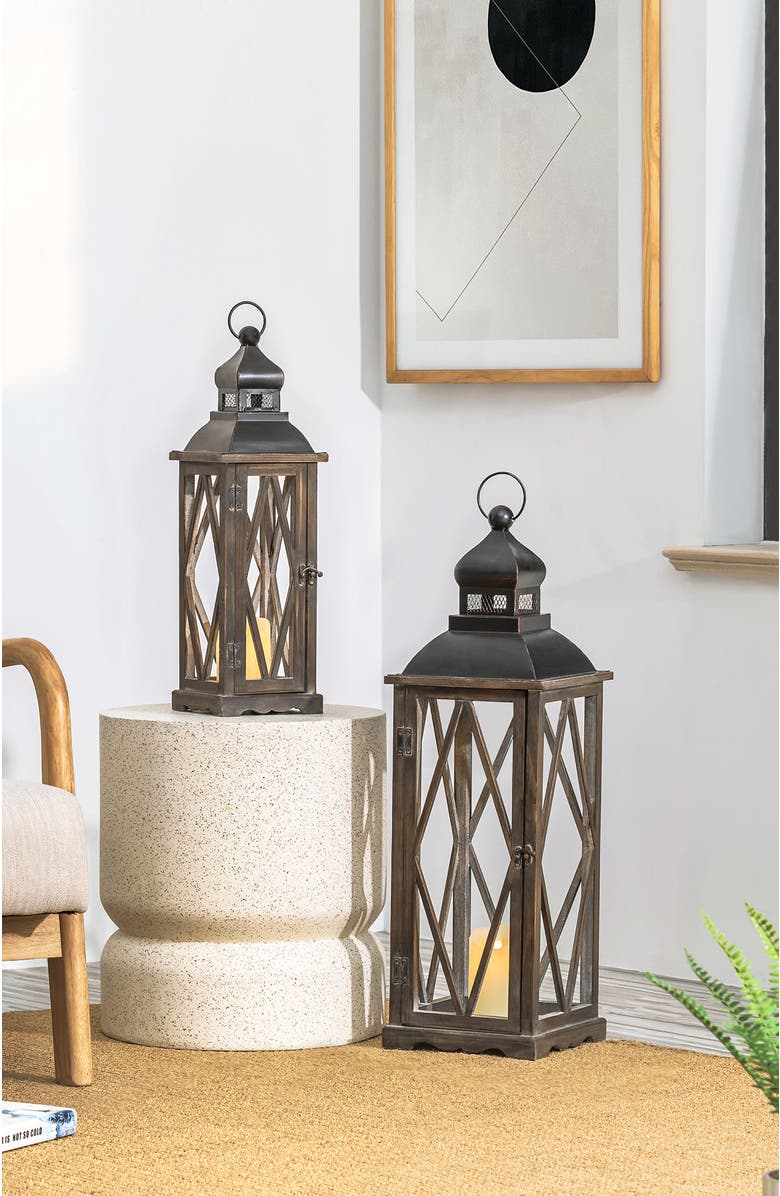 Glitzhome Set of 2 Oversize Farmhouse Hanging Candle Holders Decorative Floor Lanterns, Alternate, color, Black
