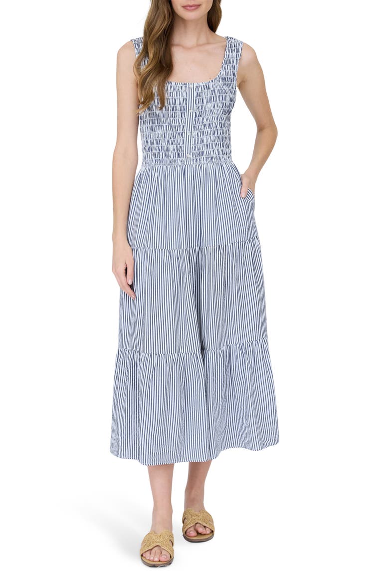 Stripe Sleeveless Smocked Tiered Midi Dress, Main, color, NAVY STRIPE