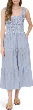 AUGUST SKY Stripe Sleeveless Smocked Tiered Midi Dress