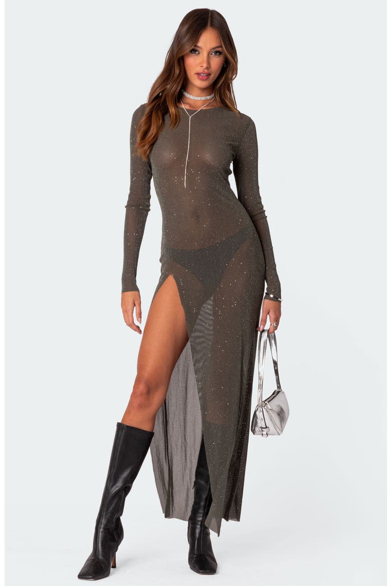 Glitter Side Slit Long Sleeve Mesh Maxi Dress, Alternate, color, OLIVE