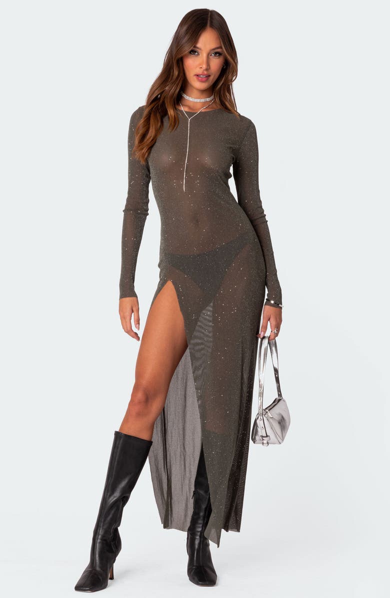 EDIKTED Glitter Side Slit Long Sleeve Mesh Maxi Dress, Alternate, color, Olive