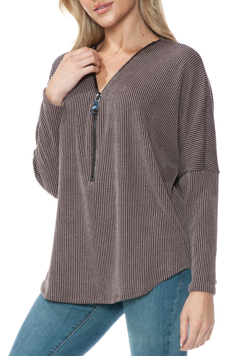 Quarter Zip Drop Shoulder Rib Long Sleeve Top, Alternate, color, MOCHA