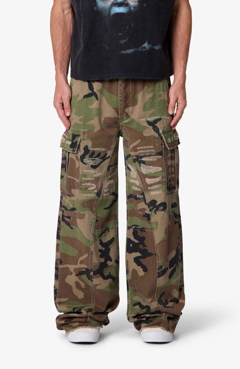 Distressed Wide Leg Camo Cargo Pants