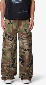 mnml Distressed Wide Leg Camo Cargo Pants