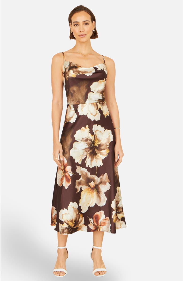 Yumi Cowl Neck Satin Floral Dress, Alternate, color, Brown