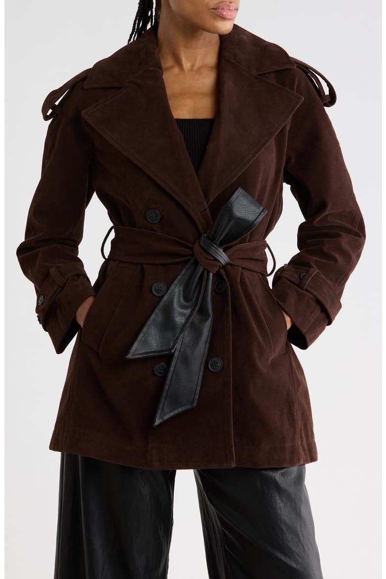 Drop Waist Faux Suede Trench Jacket, Main, color, CHOCOLATE