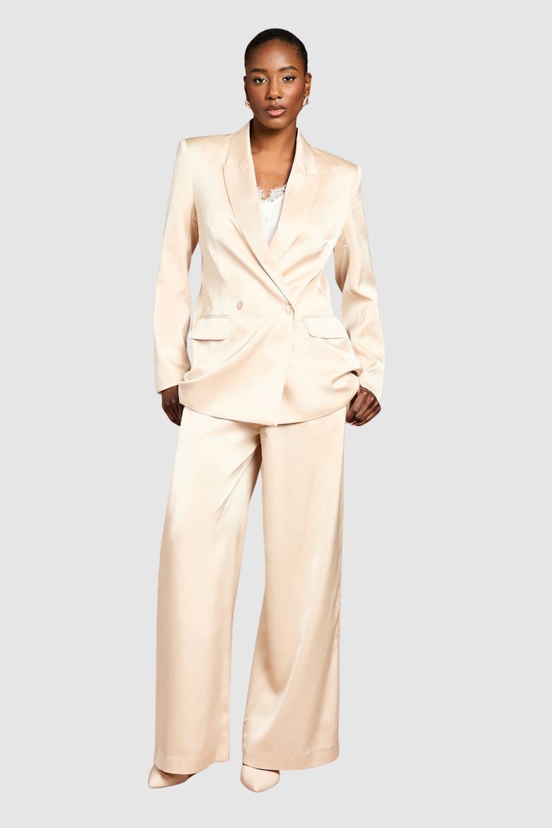 Satin Double-Breasted Tailored Blazer, Alternate, color, Champagne
