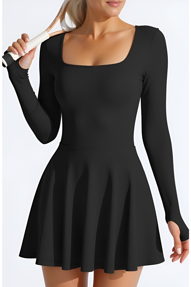 Long-Sleeve Thumbhole Open Crisscross-Back Active Romper Dress, Alternate, color, Black