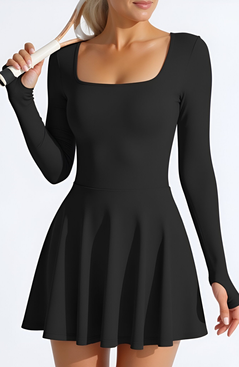 Modenaire Long-Sleeve Thumbhole Open Crisscross-Back Active Romper Dress, Alternate, color, Black