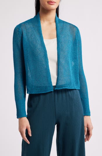 Eileen Fisher Petite Knit Organic Linen-cotton Cardigan In Blue