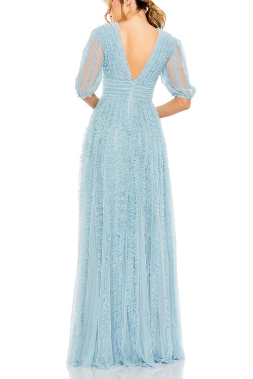 Mac Duggal V Neck Puff Sleeve Ruffle Tiered A Line Gown In French Blue