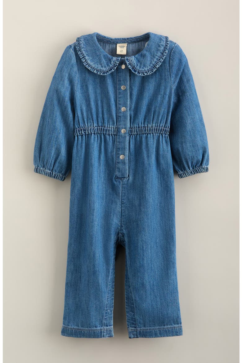 Kids' Ruffle Collar Denim Romper, Main, color, MID GEM WASH