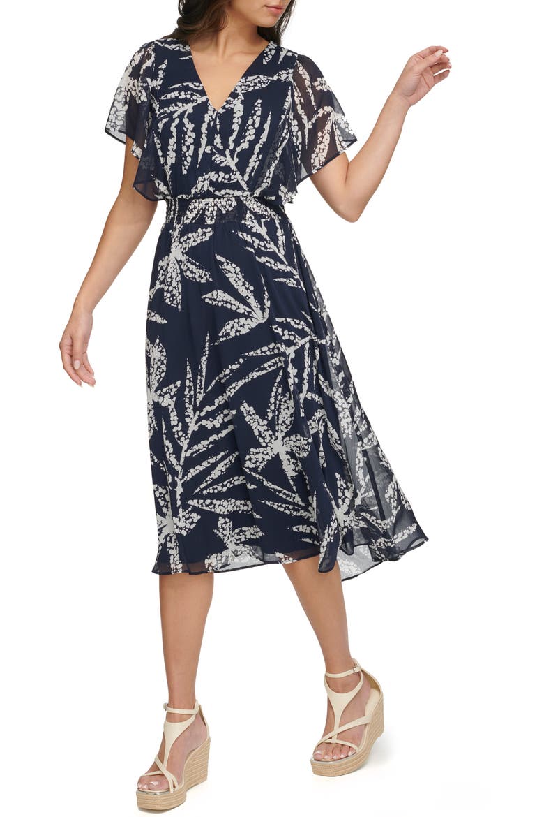 Flutter Sleeve Chiffon Midi Dress, Alternate, color, SPRING NAVY