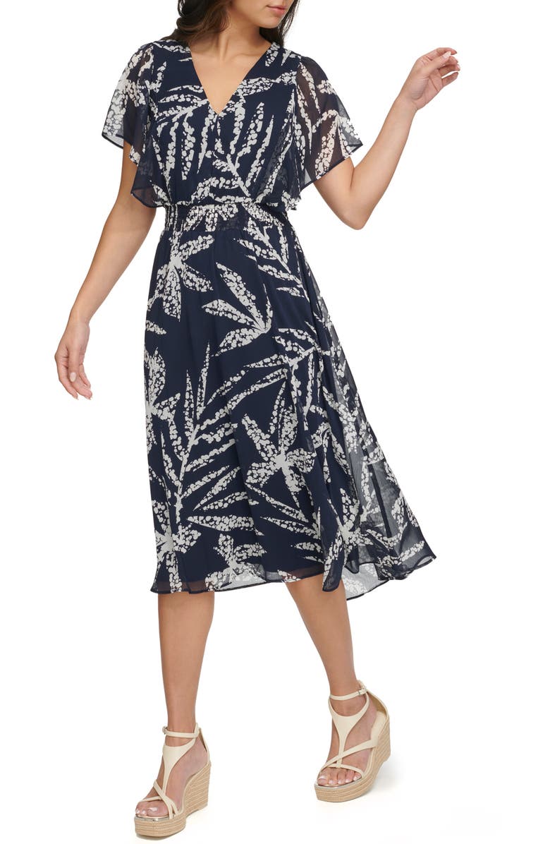 DKNY Flutter Sleeve Chiffon Midi Dress, Alternate, color, Spring Navy