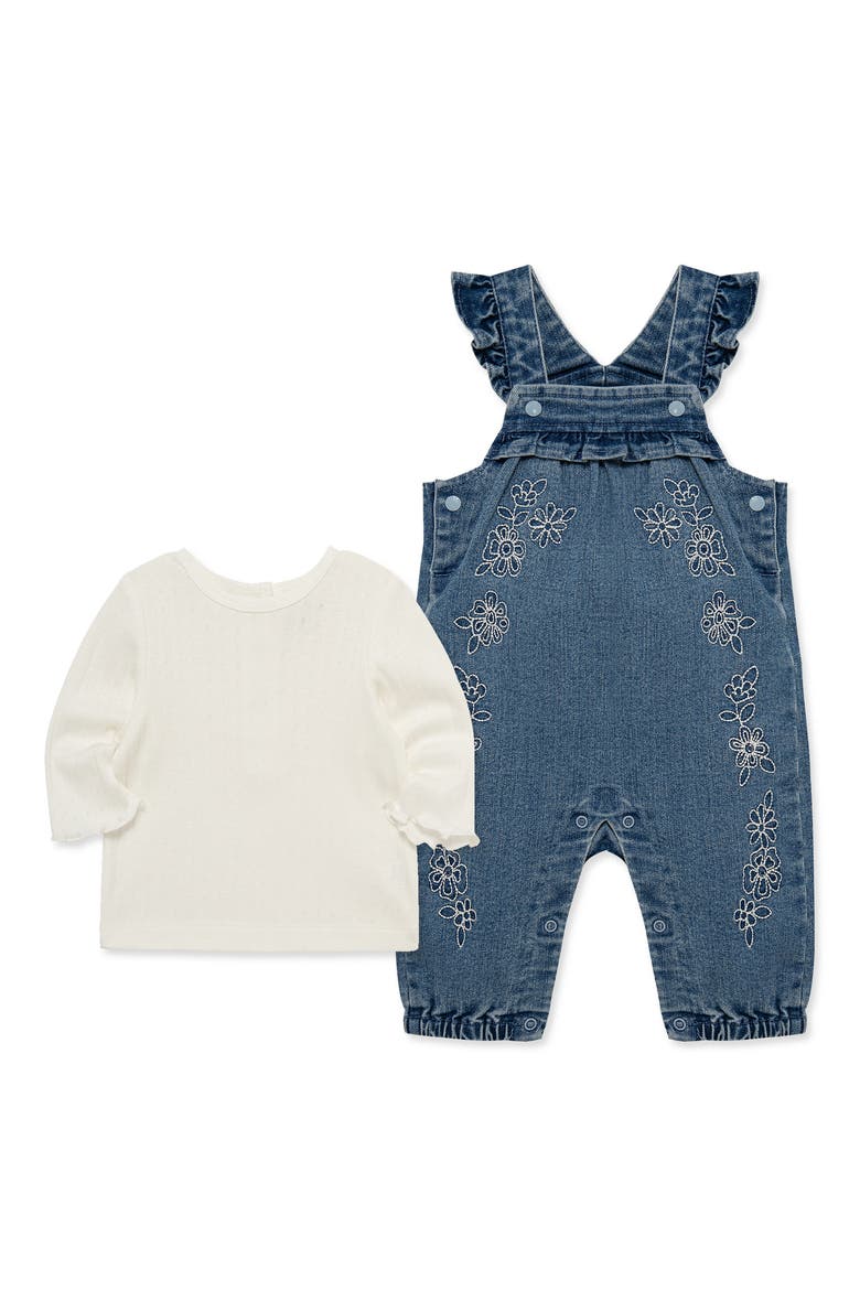 Kids' Lacey Pointelle Tee & Embroidered Overalls Set, Alternate, color, DENIM