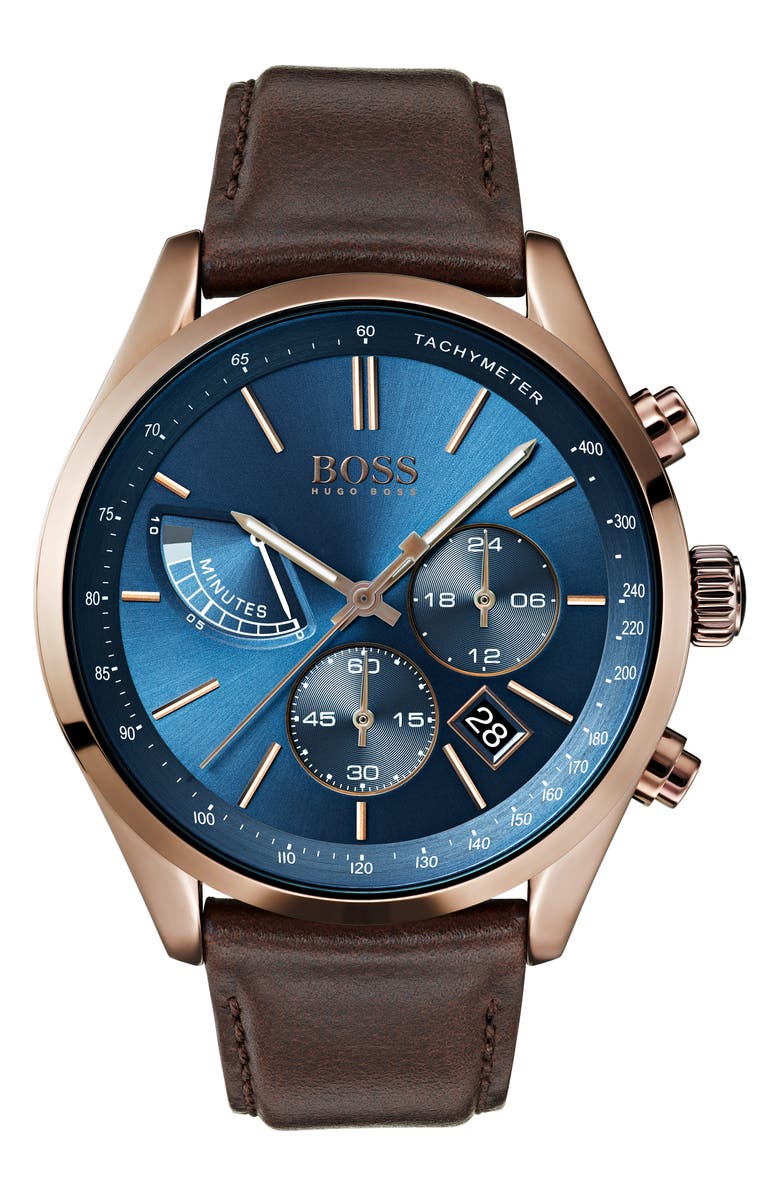 BOSS Grand Prix Chronograph Leather Strap Watch, 44mm, Main, color, 
