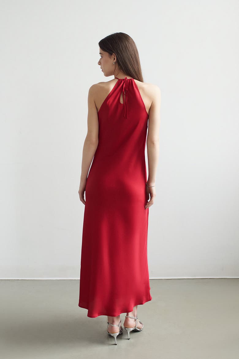 Belle Halter Neck Silky Dress With Crystallised Floral Corsage, Alternate, color, Red