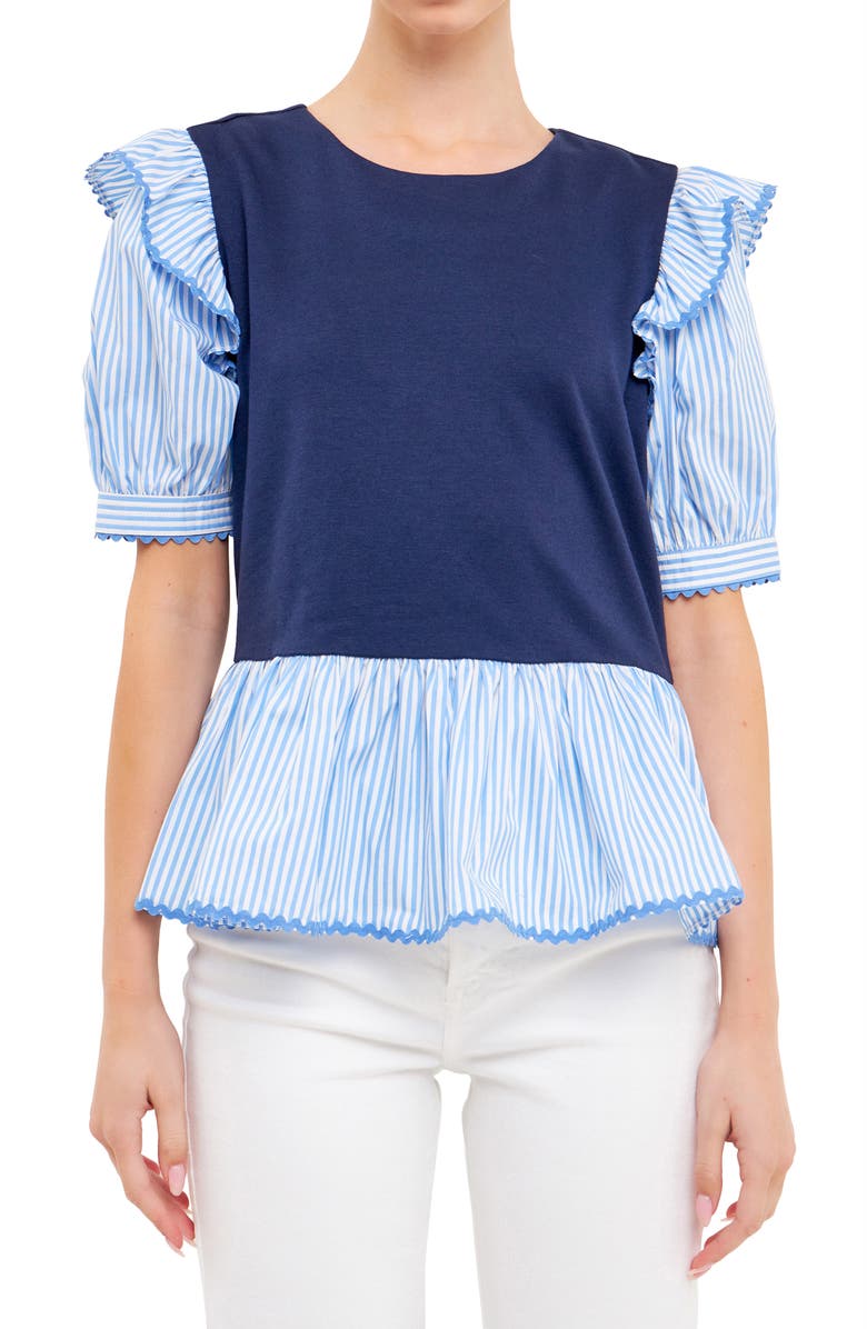 English Factory Mix Media Peplum Top, Alternate, color, Navy/ Blue Stripe