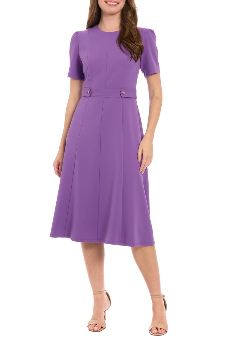 london times women's tab-waist fit & flare dress London Times 3/4 Sleeve Seamed Side Tab Fit & Flare Midi Dress