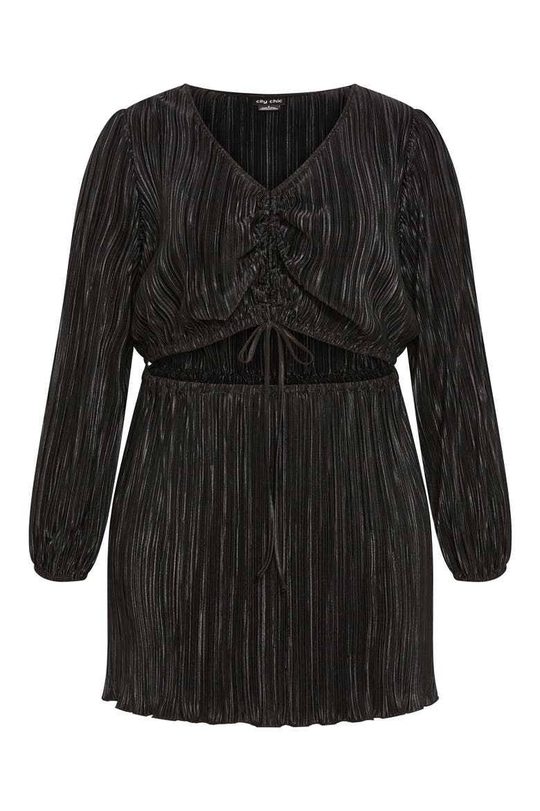 Hailee Plissé Cutout Long Sleeve Minidress, Alternate, color, BLACK