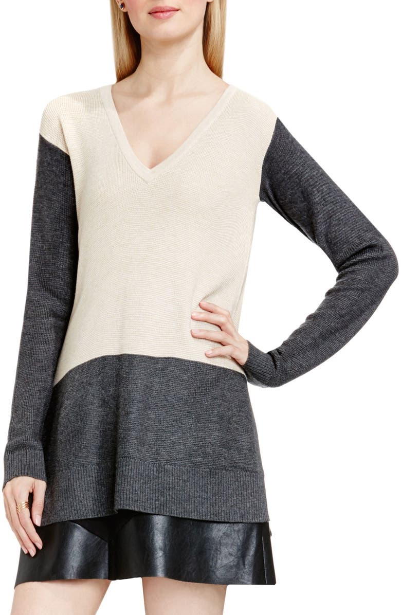 Vince Camuto Colorblock Waffle Stitch V-Neck Sweater, Main, color, 