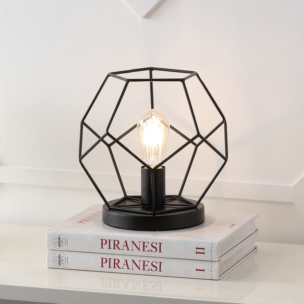 Jonathan Y James Midcentury Glam Metal/marble Geometric Led Table Lamp In Jet Black