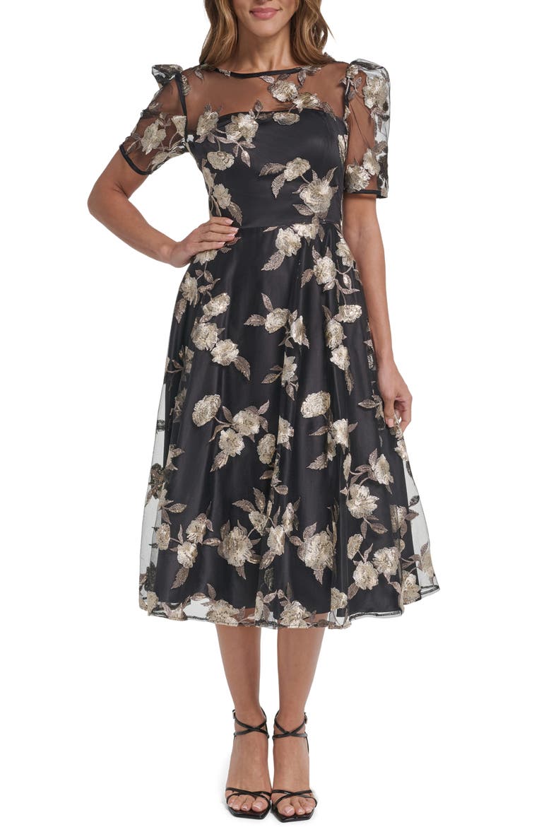 Embroidered Metallic Cocktail Dress, Main, color, BLACK CHAMPANGE