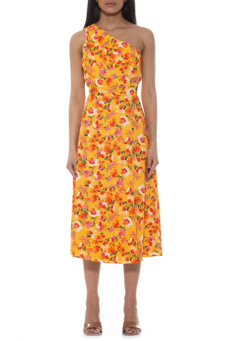 Fay One Shoulder Fit & Flare Midi Dress, Main, color, YELLOW WATERCOLOR
