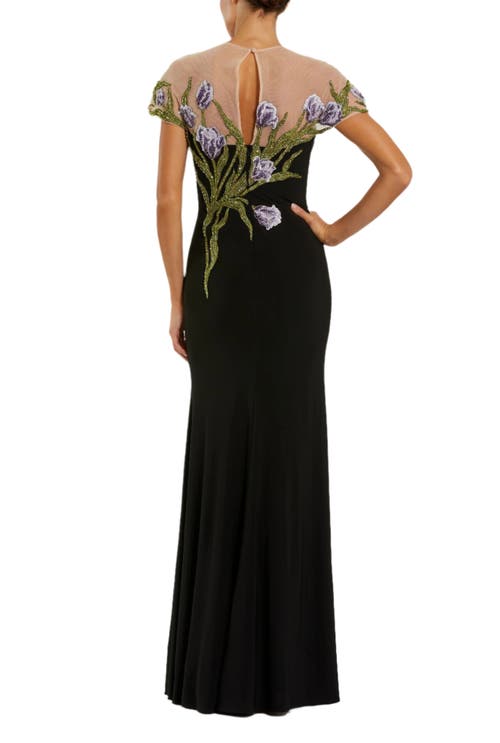 Mac Duggal Jersey Floral Embroidered Illusion Neck Gown
