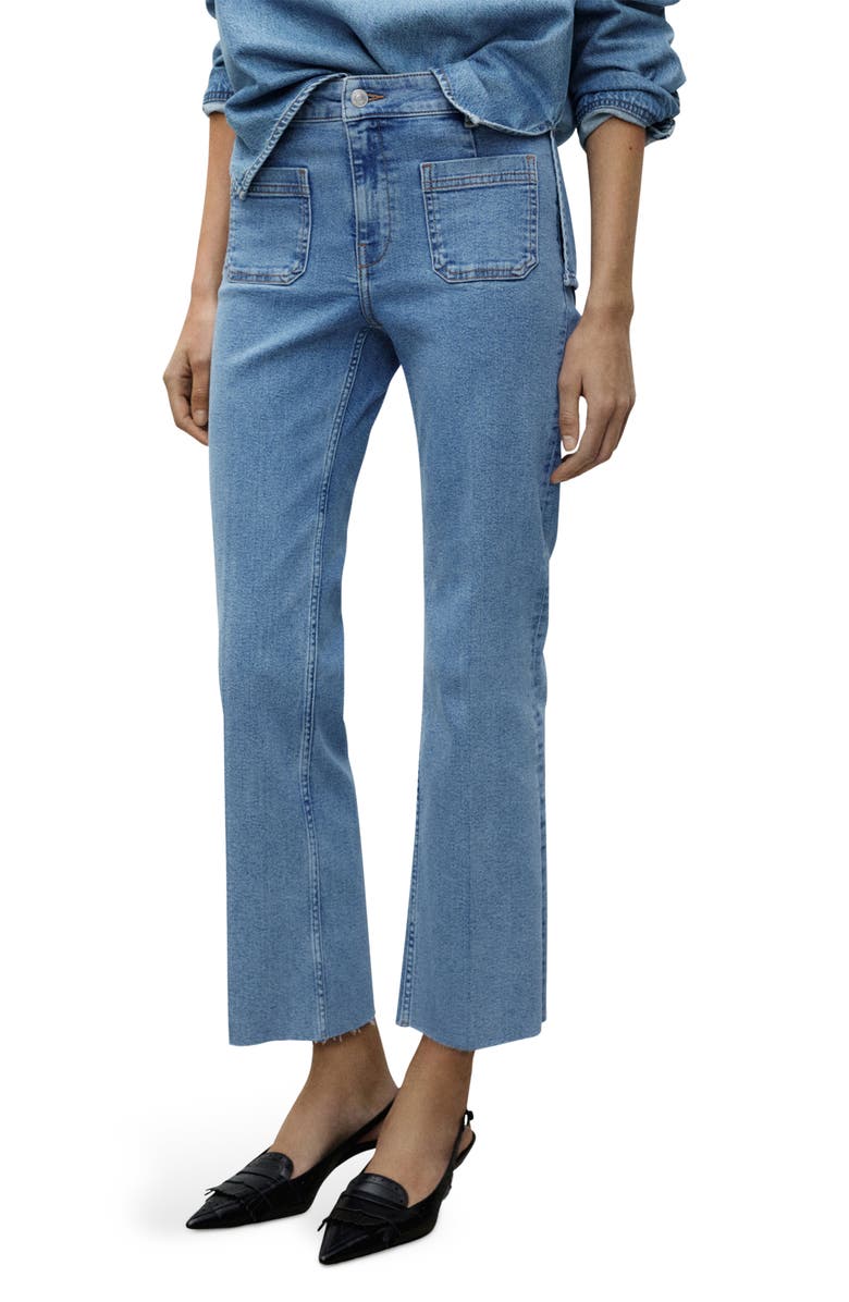 MANGO Alex Raw Hem Patch Pocket Crop Flare Jeans, Main, color, Medium Blue