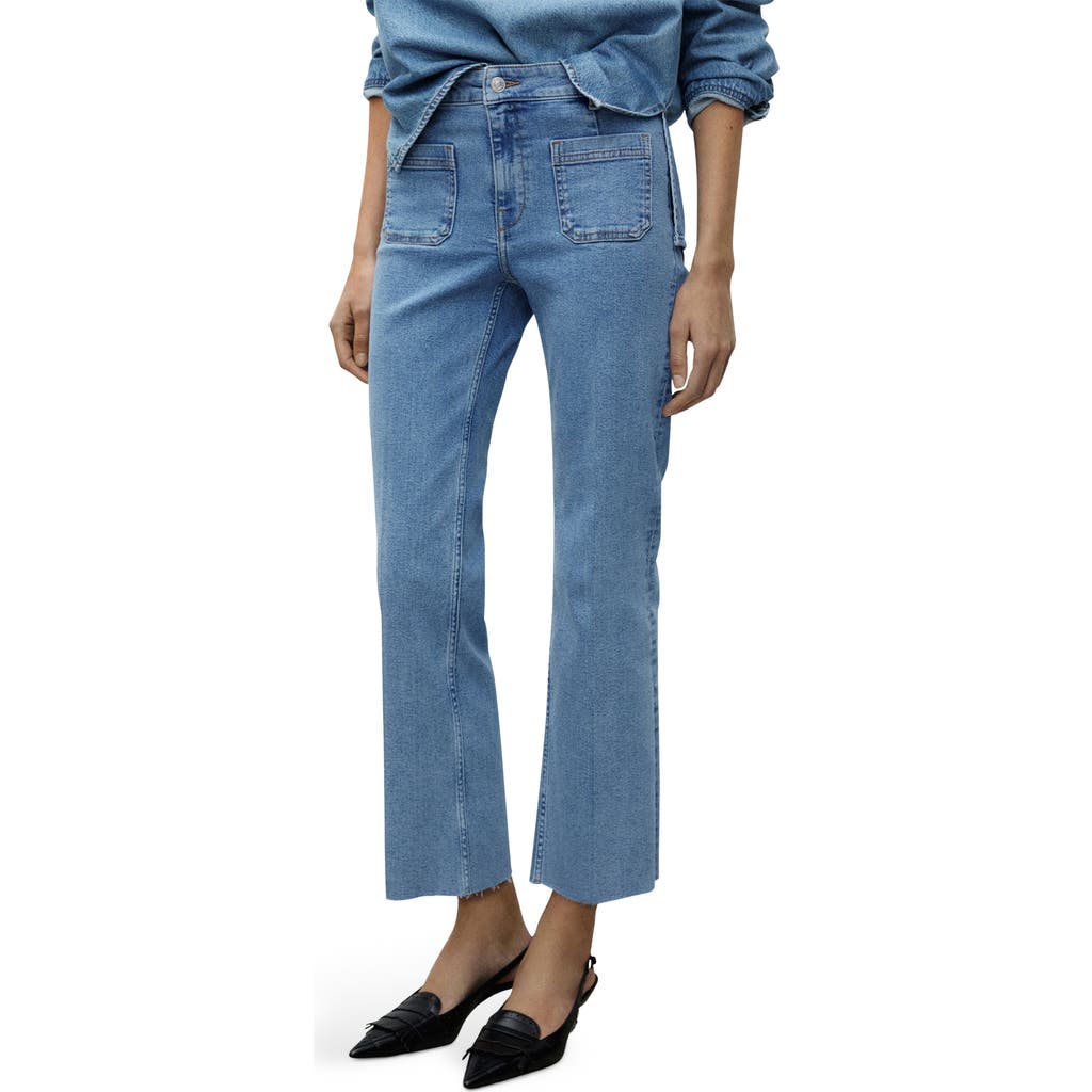 Shop Mango Alex Raw Hem Patch Pocket Crop Flare Jeans In Medium Blue