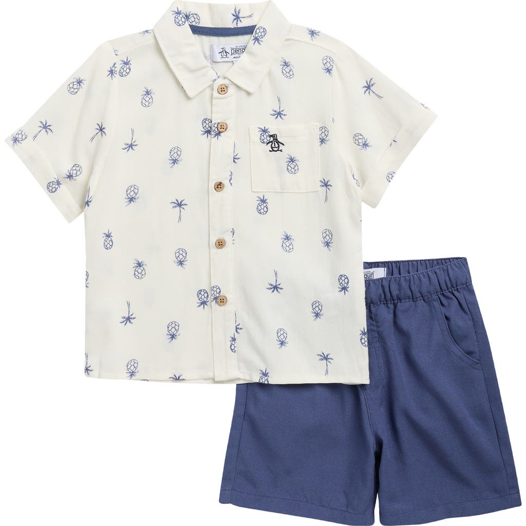 Original Penguin Kids' Short Sleeve Button-up Camp Shirt, Shorts & Sunglasses Set In Blue