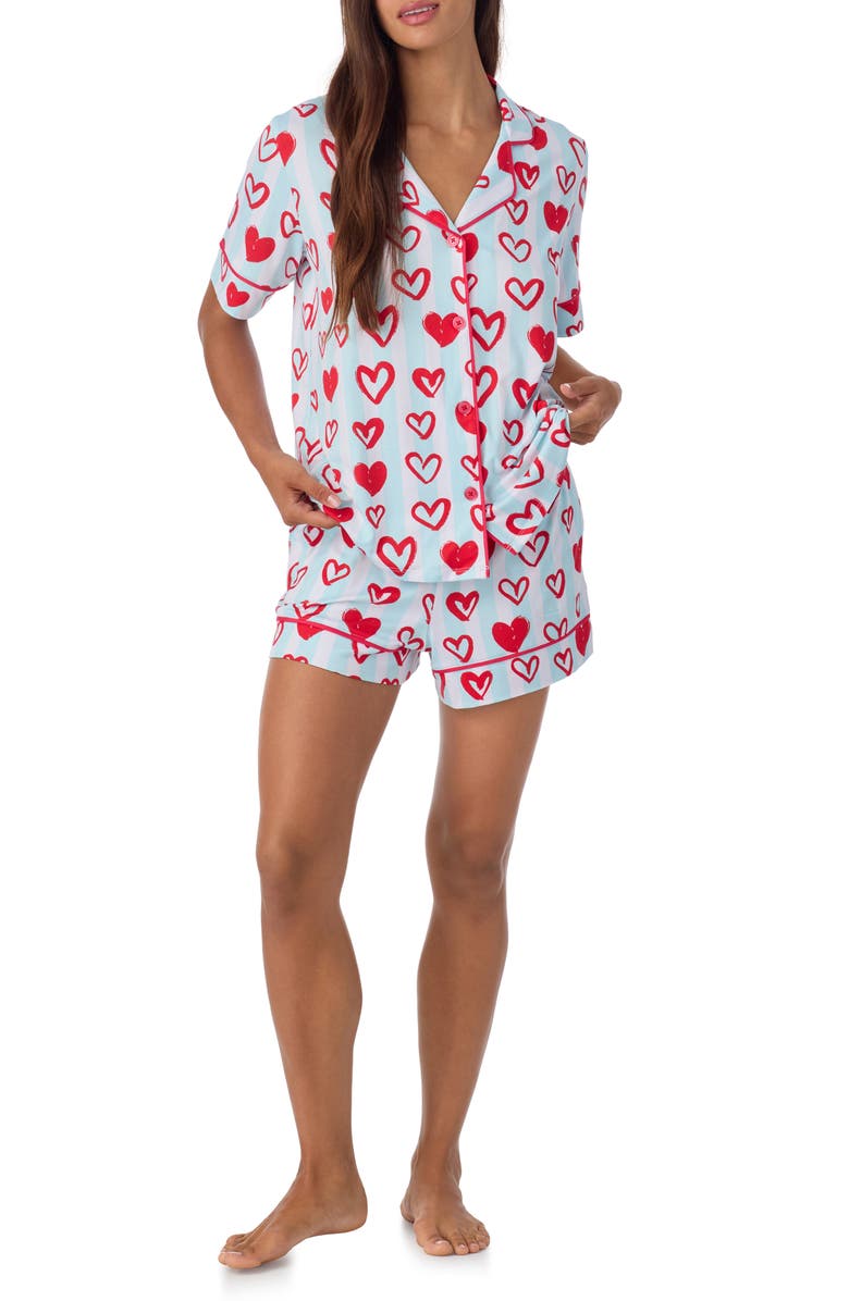 Room Service Pjs Print Short Pajamas, Alternate, color, Blue Stripe Hearts