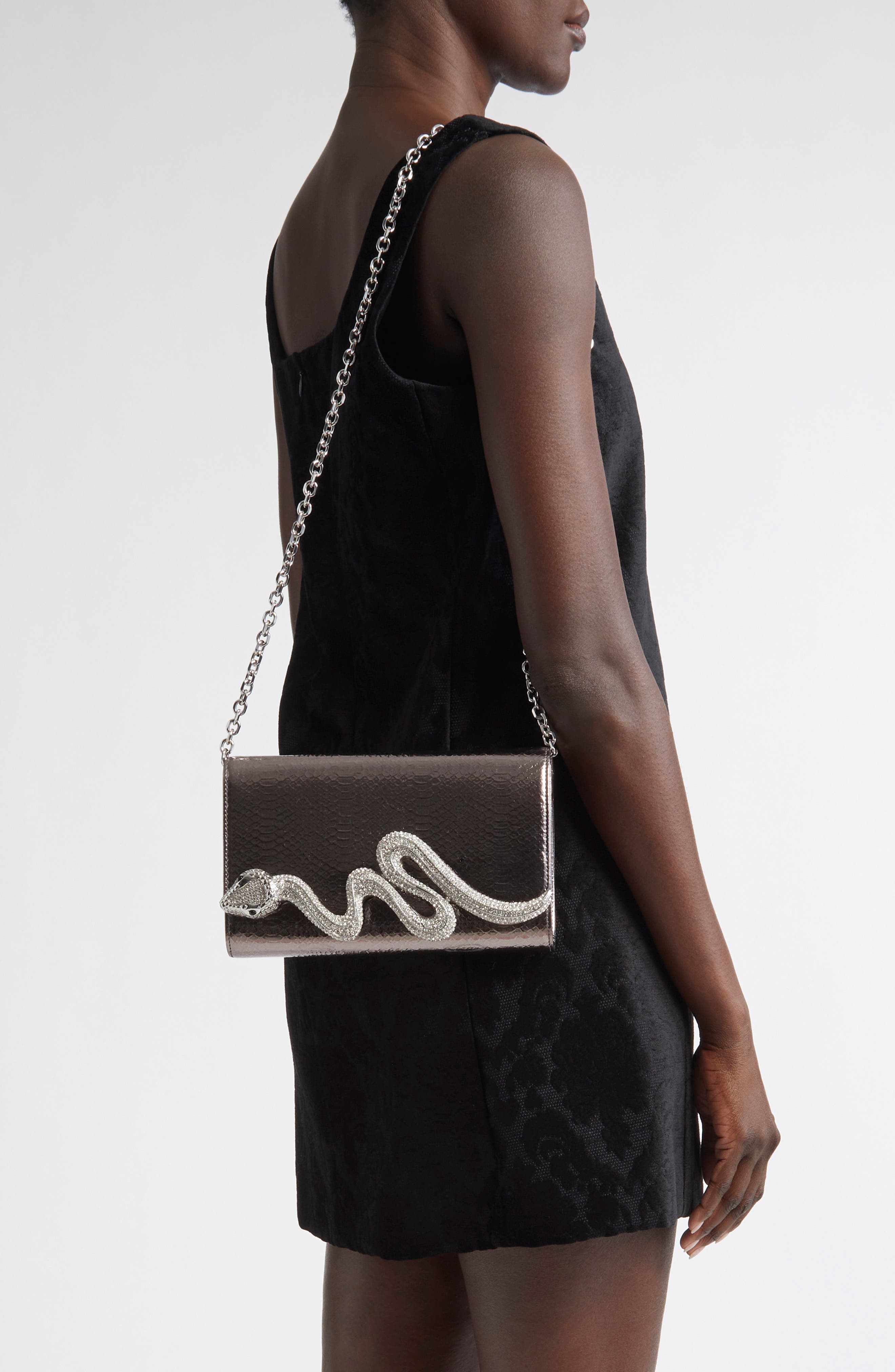 Judith Leiber Serpent Fizzoni Snake Embossed Faux Leather Clutch, Alternate, color, Silver Gunmetal