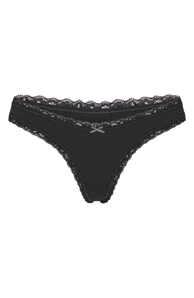 SKIMS Lightweight Cotton Lace Trim Thong, Alternate, color, Soot Tonal