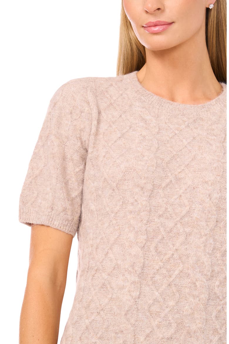 Fuzzy Cable Stitch Short Sleeve Crewneck Sweater, Alternate, color, SANDY PERU