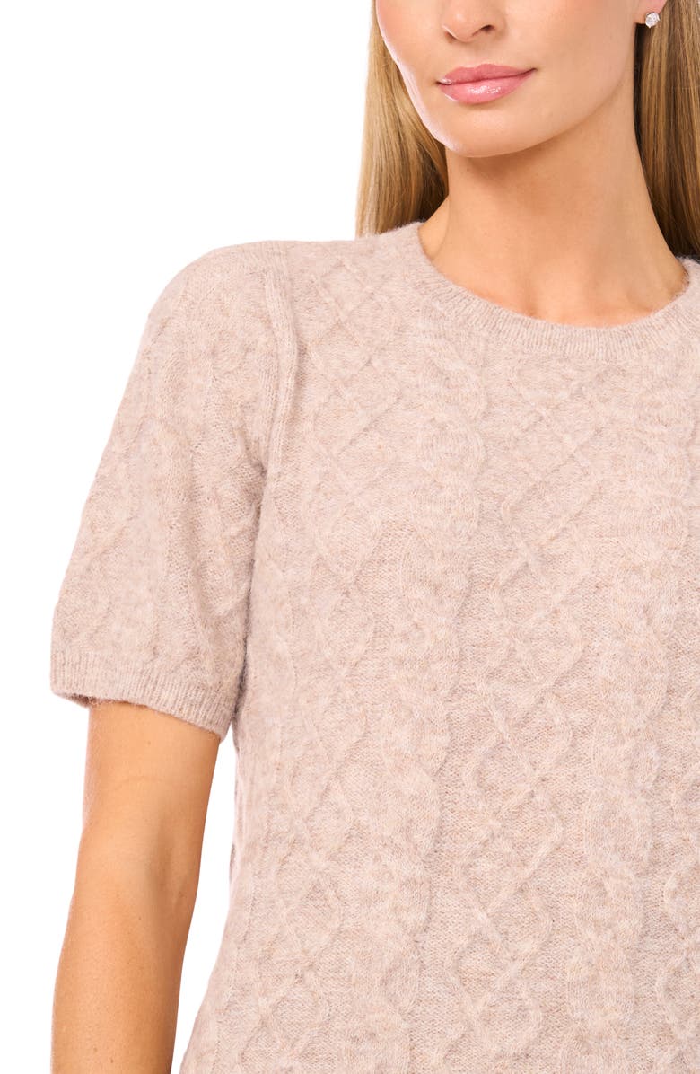 Halogen<sup>®</sup> Fuzzy Cable Stitch Short Sleeve Crewneck Sweater, Alternate, color, Sandy Peru