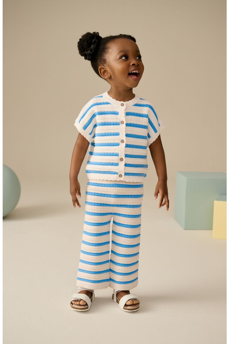 Kids' Stripe Short Sleeve Cotton Cardigan & Pants Set, Alternate, color, BLUE
