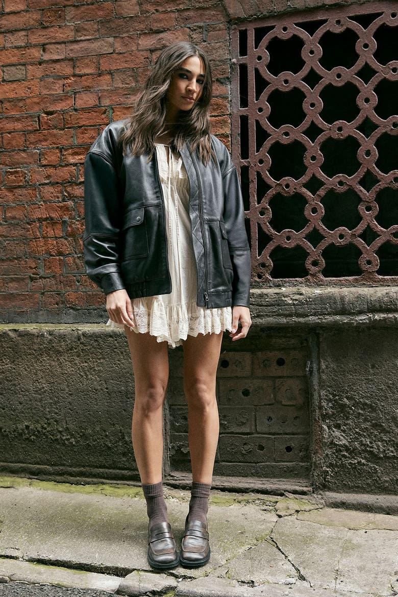 Real Leather Oversized Bomber Jacket, Alternate, color, Chocolate