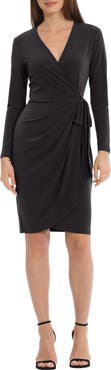 Maggy London Solid Long Sleeve Wrap Dress