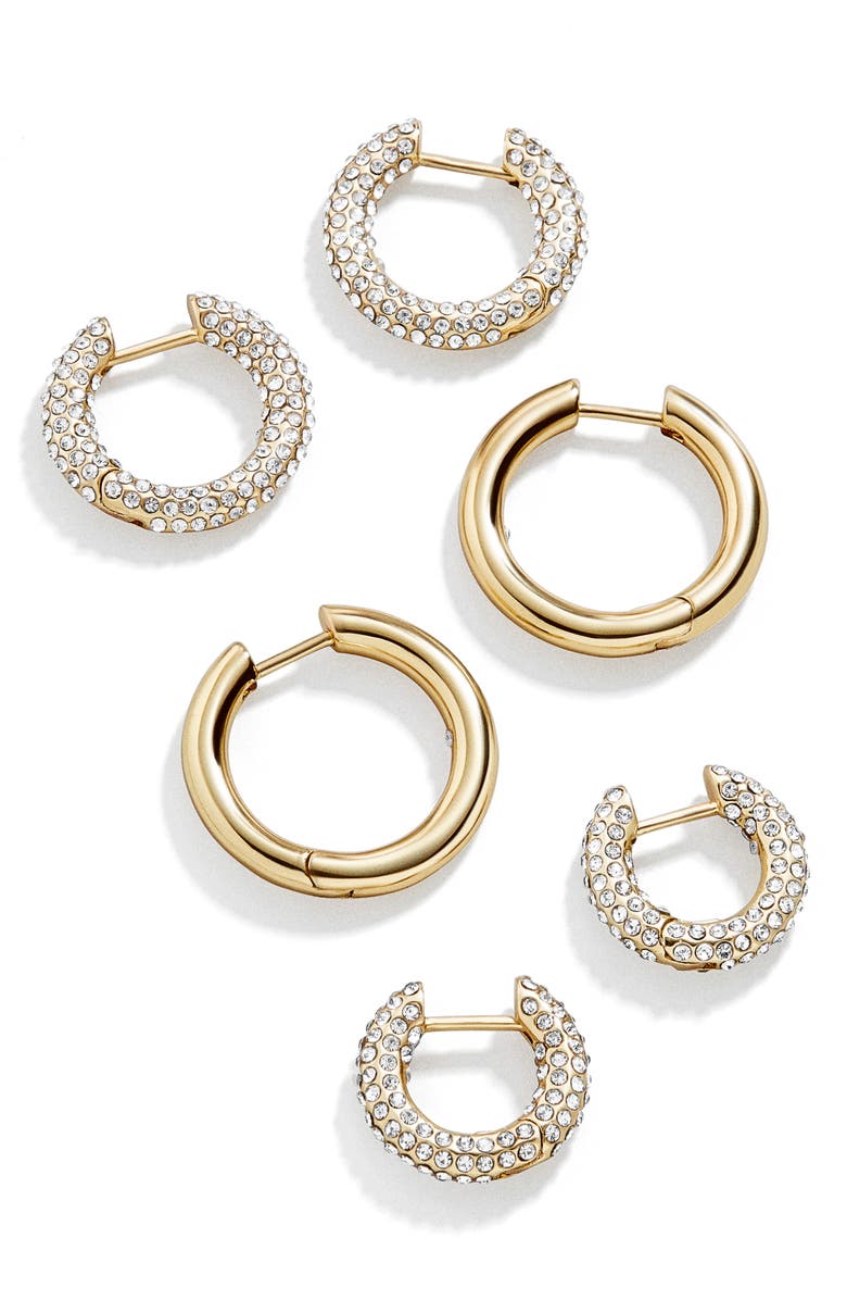 BaubleBar Lucy Set of 3 Huggie Hoop Earrings, Main, color, Gold