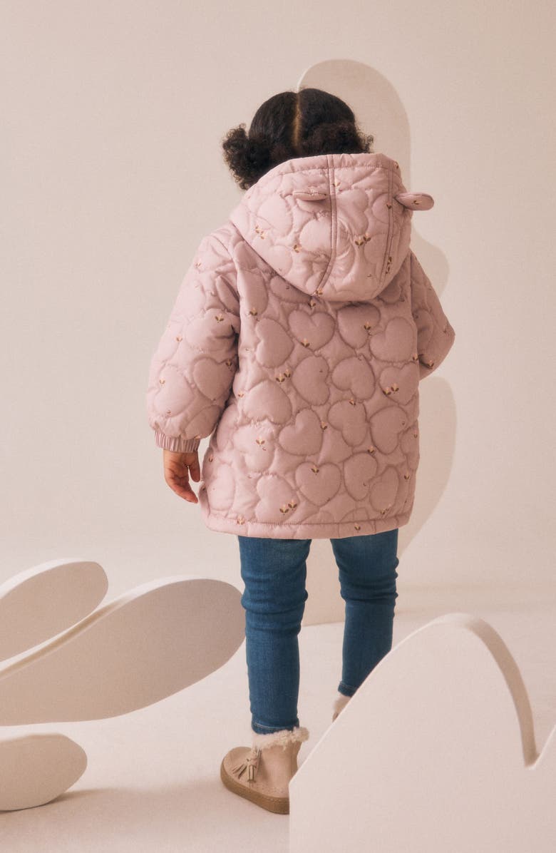 NEXT Kids' Ditsy Heart Quilted Hooded Jacket, Alternate, color, Purple