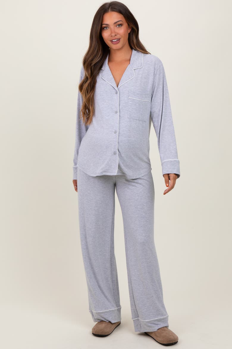 Button Down Top Wide Leg Pant Pajama Set, Alternate, color, Heather Grey